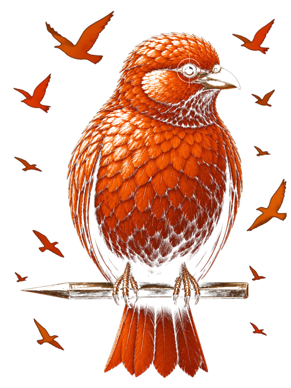 Grabado de una cigua palmera de color rojo anaranjado, posada sobre un lápiz y rodeada por una pequeña bandada en vuelo.
