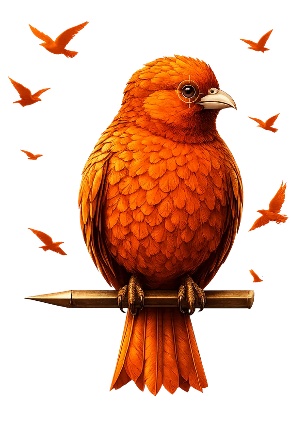 A painted palmchat in orange and gold, perched on a pencil, with small birds flying around it.